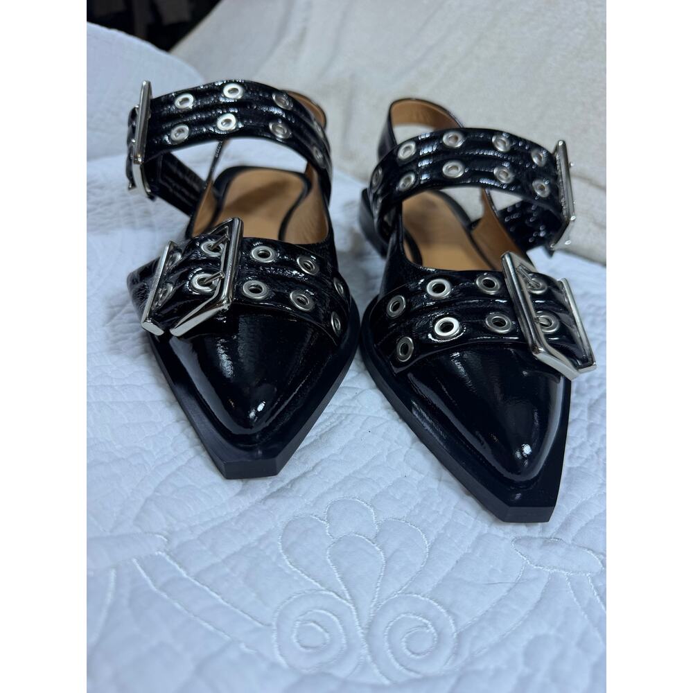 Ganni NWOT Women Black 7 Patent Leather Ballerina Slingback Pointed Toe Sandals - Picture 4 of 9